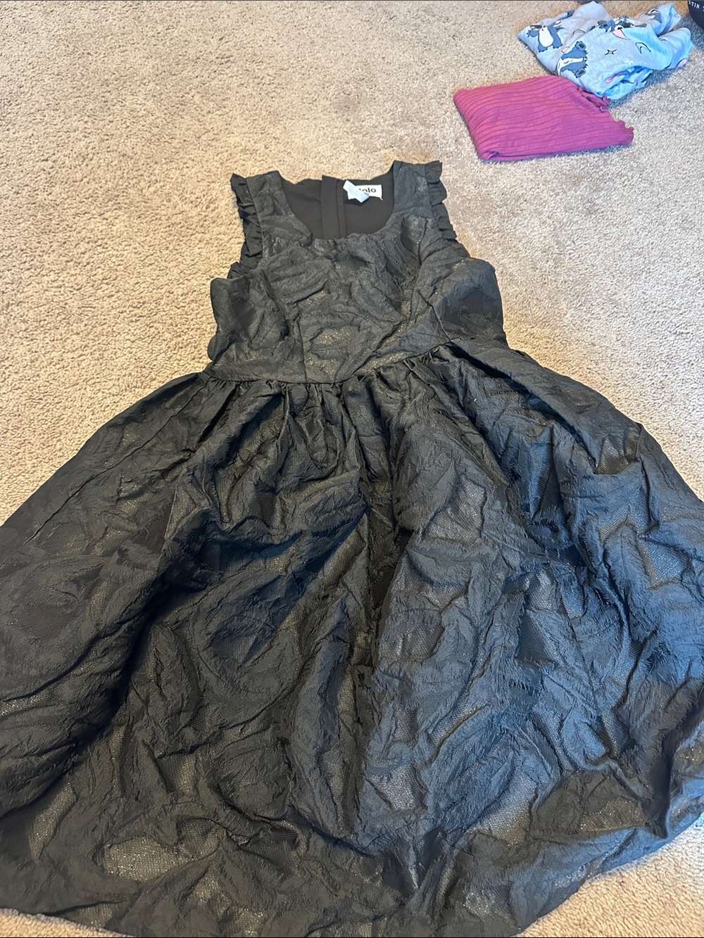 Molo Black Textured Ruffle Shoulder Party Dress